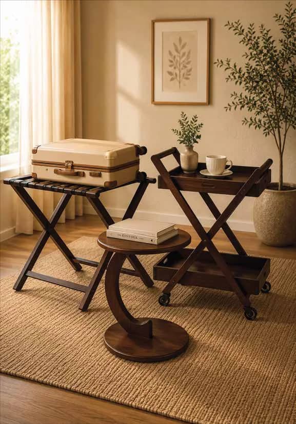 A luggage stand with a suitcase, trolley and laptop stand in a guest room