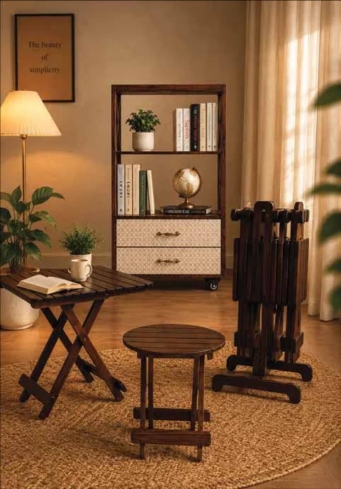 Saaj Craft folding table, stool and book rack in a living room